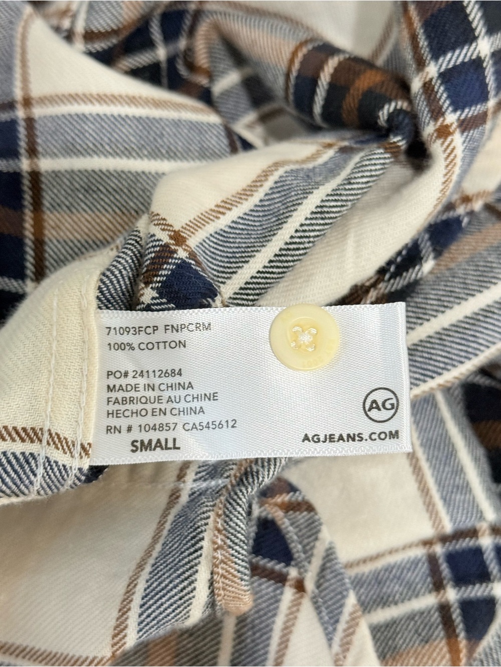 AG Men’s Small Aiden Plaid 100% Cotton Flannel Button-Up Shirt NWT Cream/Navy - Picture 16 of 16